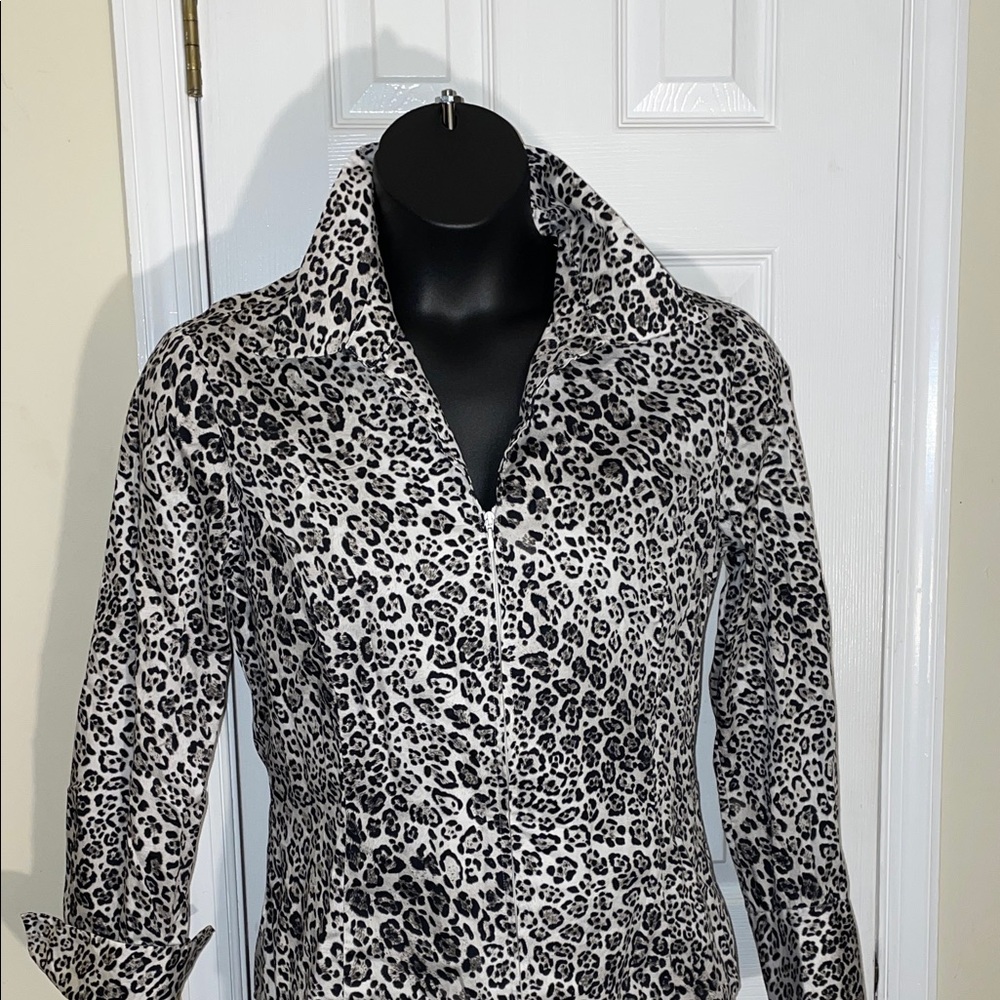 Chic Jones NY Cheetah Cotton Sateen Zipup Stretch Blouse L